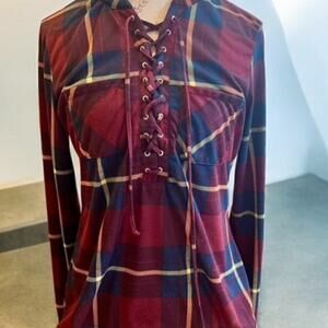 Rue21 Maroon Red Blue Plaid Pullover Top - Lace Up Polyester Flannel - Small